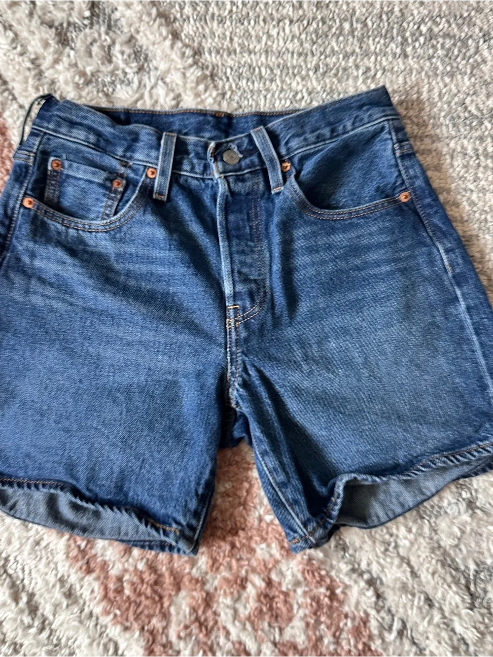 ❤️ Levi’s 5️⃣0️⃣1️⃣ Mid Thigh 501 Dark Blue Jean Shorts Hidden Button Fly